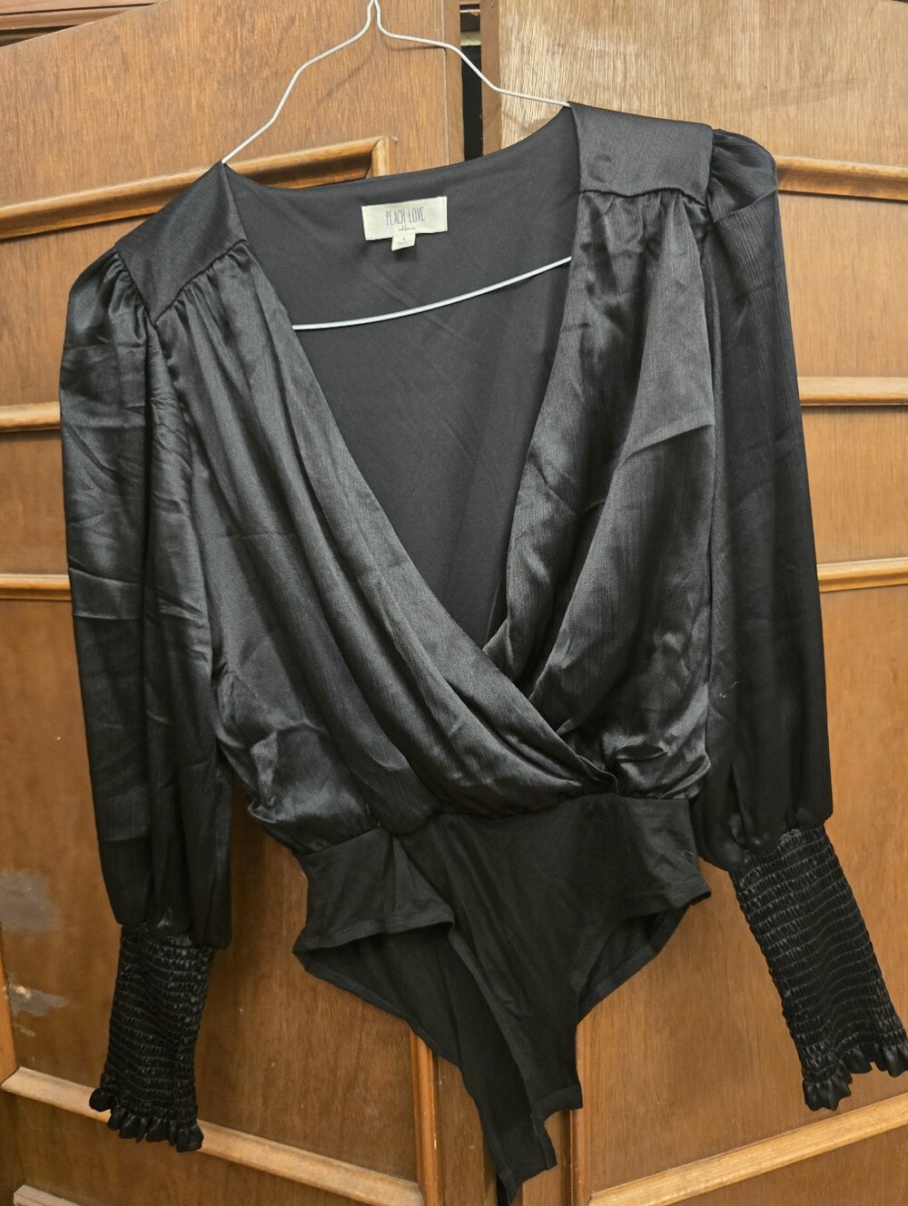 Pixie Mood Black Satin Surplice Bodysuit with Smocked Cuffs